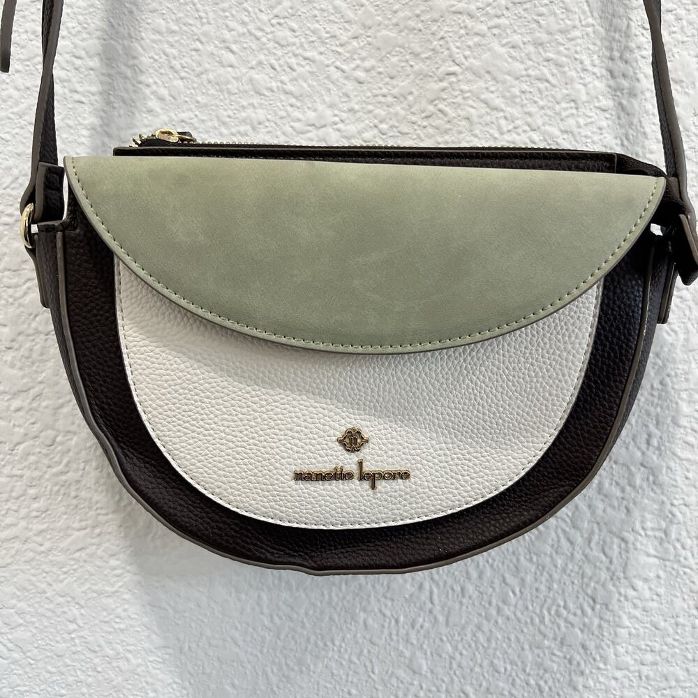 Nanette Lepore Crossbody Bag Sage Green White Faux Leather Saddle